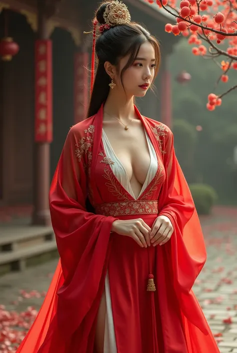 Woman in Sexy Slit red dress, palace ， a girl in Hanfu, Hanfu, Hanfu, Wearing ancient Chinese clothing, white Hanfu, Paired with ancient Chinese costumes, Traditional Chinese costumes, Big Breast G cup, Italian girl, Chinese style, Moon themed clothing, Se...