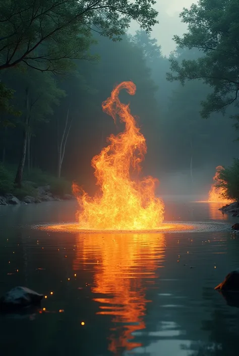 A lake with fire on the surface of the water