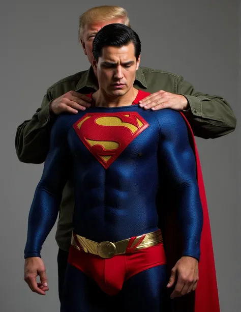 a handsome man in a superman costume (think movie version of Superman-black undercut, blue tights and red cape and red boots and red briefs), He has a pained expression. He appears weak and in pain, with his eyes closed. Behind Superman stands US President...