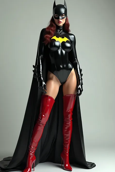 ((masterpiece, highest quality, Highest image quality, High resolution, Raw photo, 8K)), ((Extremely detailed CG unified 8k wallpaper)), batgirl in latex, red leather thigh high boots with 6 inch heels “full body portrait”, nsfw
