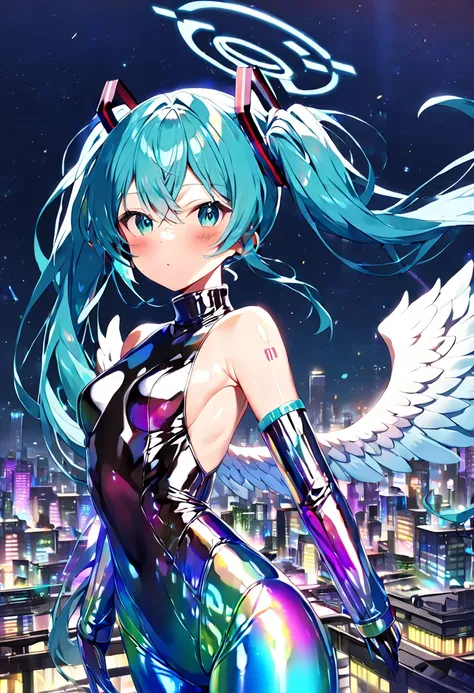 (hatsune miku, angel:1.4), (angel wing, angel halo:1.4), (gleaming skin, shiny skin:1.4), (iridescent body suit, bare shoulder, turtleneck, camouflage:1.4), (flying:1.4), (futuristic City, downtown sky:1.4), (midnight:1.4), 