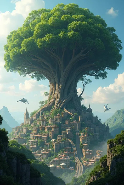 ((masterpiece, highest quality, Highest image quality, High resolution, Extremely detailed photography, 8k wallpaper)), extremely giant tree, city build on the branch on the tree