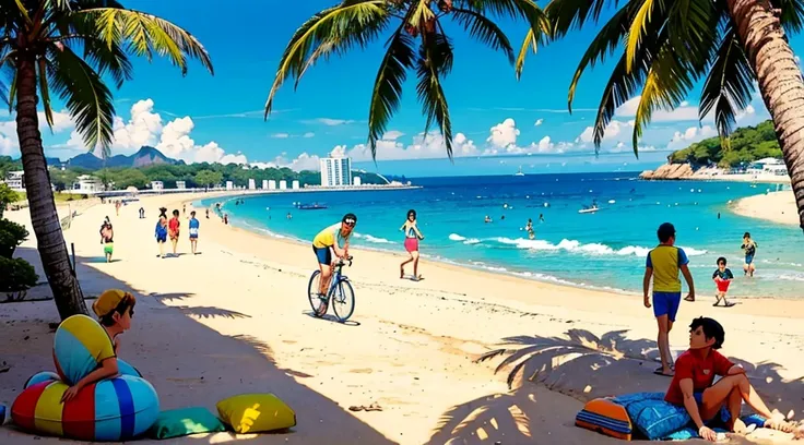 cartoon of a beach scene with people walking and riding bicycles, rio de janeiro in an anime film, by Hiroshi Nagai, by Hirohiko Araki, by Candido Bido, by Yanagawa Nobusada, by Hiroshi Honda, laurent durieux, by Nakahara Nantenbō, by Watanabe Kazan