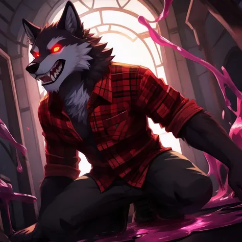 Furry male anthropomorphic wolf red glowing eyes red plaid shirt purple liquid leaking out of canine teeth 