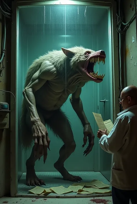 📹 Prompt:  
"A grimy laboratory with exposed wires hanging from the ceiling and old medical equipment scattered around. In the corner, a reinforced glass tube contains a creature with mismatched features—part wolf, part human. Its distorted snout presses a...