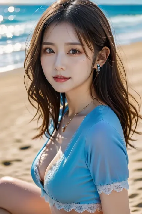   Japanese、12ｋ、ＨＤＲ、 bits deep 10 bits、woman、 Sheer light blue shirt with see-through lace、Crouching on a white sand beach、((( The background is blue sea  )))、((Endless Horizon ))、blue，(( the shining sun ))、 Portrait Style 、 cute face、 hair is swaying stron...