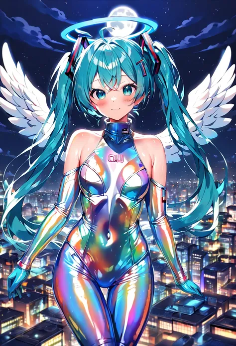 (hatsune miku, angel:1.4), (angel wing, angel halo:1.4), (gleaming skin, shiny skin:1.4), (iridescent body suit, bare shoulder, turtleneck, camouflage:1.4), (flying:1.4), (futuristic City, downtown sky:1.4), (midnight, fullmoon:1.4), 