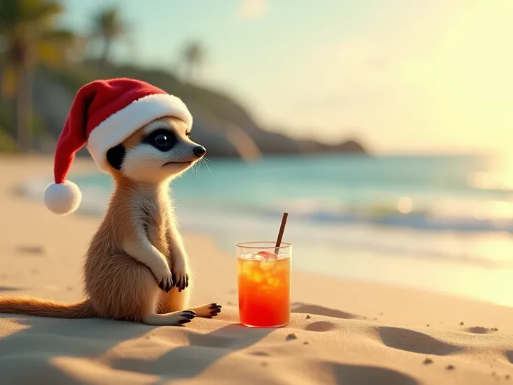 Create an image of a meerkat sitting on a beach wearing a Christmas cap with a drink on the side looking at the sun