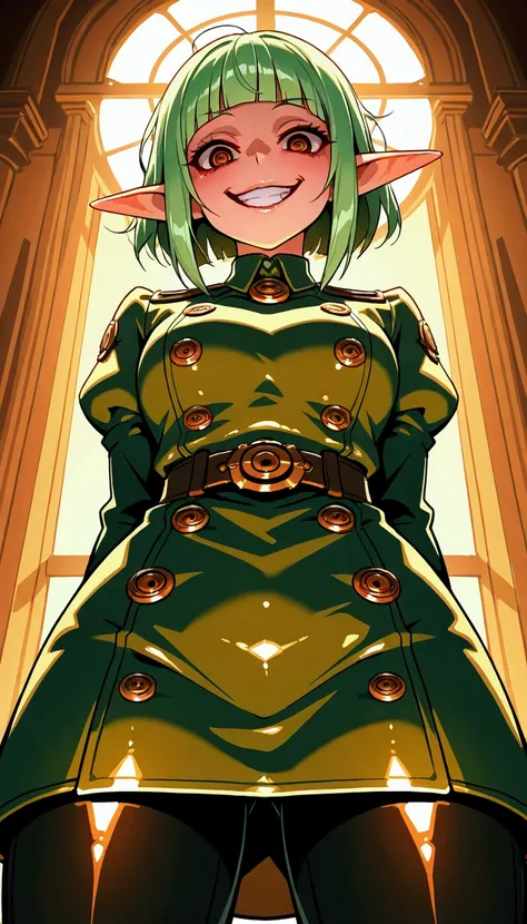 from below, intelligent cool elf, looking down on, yandere, crazy smile, scary smile, evil smile, teasing smile, grin, lewd smile, malicious smile, creepy smile, big droopy eyes, huge mouth, make-up, messy hair, blunt bangs, wearing (shiny copper plated) s...