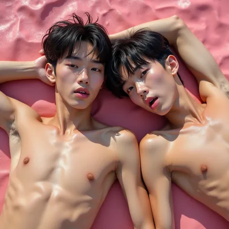 A magazine photoshoot, two 12-years old korean boy idol, must wearing shirtless showing of abs and chest. wearing wet underwear, lean fit body with 8 pack and low fat rate, colorful photo, open eyes, outstanding proffesional modeling lying back on the pink...