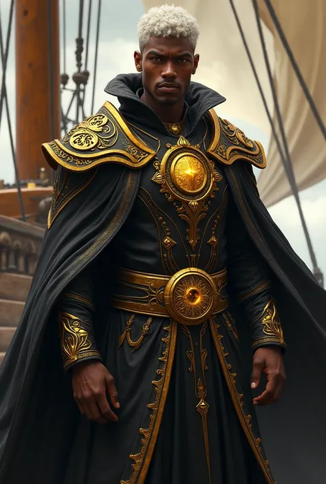 Create final fantasy style & Magic the Gathering a handsome black man with very short white with shimmering yellow eyes wearing a black metallic robe with gold details wearing a golden amulet and gold bracelets on a beautiful medieval ship 