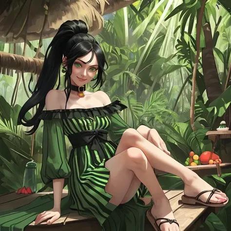 have hope, long hair, green eyes, black hair striped ponytails, small breasts,
toys,collar, green dress,sandals,quadris, 
Alone, smile, cowboy shot, 
tropical forest,  large fruits ,  tree house, 
( insanely detailed ,  beautiful and detailed face ,   mast...