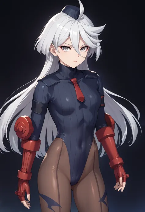 score_9, score_8_up, score_7_up, score_6_up, source_anime, 1 girl, miorine rembran, ahoge, grey eyes, detailed eyes,grey hair, hair between eyes, long hair, swept bangs, dark dollsuit, pantyhose,(seamed legwear), front view,cowboy shot, looking at viewer, ...