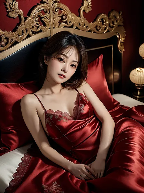 masterpiece, One woman per photo, Full Body Shot, Composition looking down at the subject from above, Young and beautiful woman in Japan, Super cute face, 50 years old, Shoulder-length hair, Sleep on a silk bed, Open your mouth wide, With black lace、Wearin...