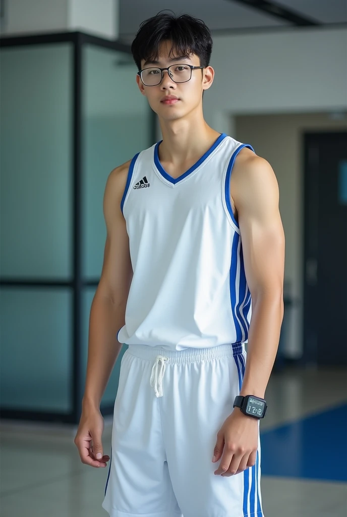 ,young korean teen ,   Full Body Image , In the gym, alone , Young nerd , The   handsome, , A man with a fist , Muscular men, 17-Year-Old Korean Male,, a short-haired man wearing glasses , Wear a white basketball sports shirt with blue stripes, with the he...