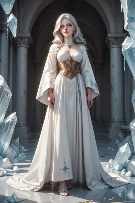 Solo, Full Body, Beautiful woman, completely white skin, unnaturally white skin, deathly pale, white hair, silver hair, white robe, ice effects, medieval clothing, no pupils