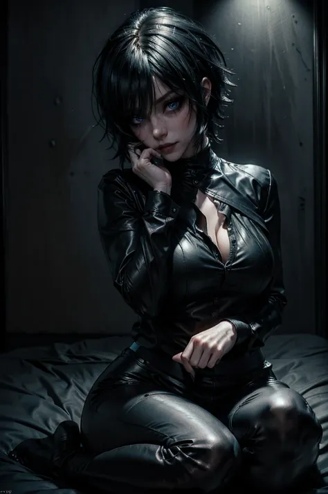 a cute goth girl with short black emo_hairstyle, ((massively undersized and tight black silk blouse)), black leather pants, wide leather collar, bare feet, smokey dark eyeshadow, dark eyeliner, heavy mascara, cleavage, large breast, (best quality,4k,8k,hig...