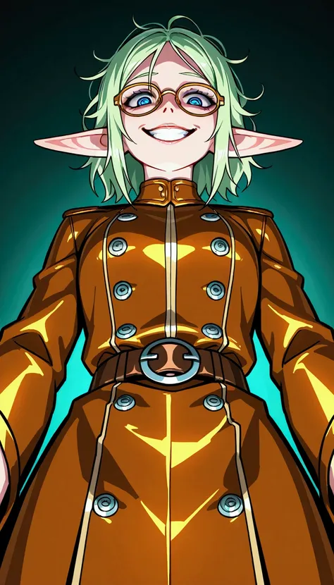 from below, intelligent cool elf, looking down on, glasses, yandere, crazy smile, scary smile, evil smile, teasing smile, grin, lewd smile, malicious smile, creepy smile, big droopy eyes, huge mouth, make-up, messy hair, wearing (shiny copper plated) smoot...