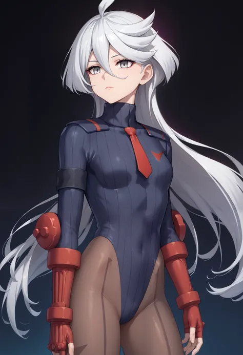 score_9, score_8_up, score_7_up, score_6_up, source_anime, 1 girl, miorine rembran, ahoge, grey eyes, detailed eyes,grey hair, hair between eyes, long hair, swept bangs, dark dollsuit, pantyhose,(seamed legwear),cowboy shot,head down, (necktie grab),expres...