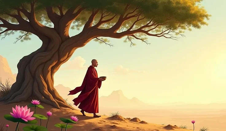 The desert is vast and the sun is shining, Under the ancient Bodhi tree, a monk holding an alms bowl is walking in the sun. On the ground, seven lotus flowers bloom.