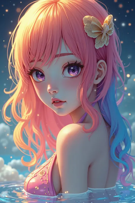 (Japanese girl:1.3), beautiful detailed eyes, beautiful detailed lips, extremely detailed eyes and face, long eyelashes, upper body, from side, looking at viewer, (fractal art:1.3), (rainbow color hair, colorful hair, half pink and half gold hair:1.2), wat...