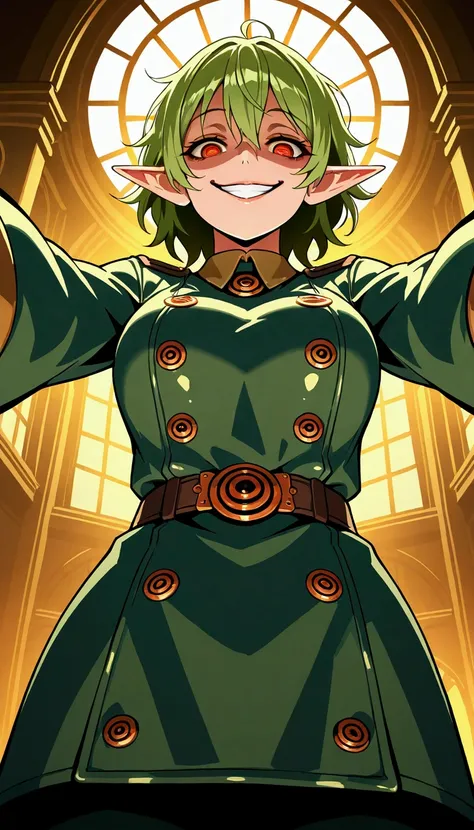 from below, intelligent cool elf, looking down on, yandere, crazy smile, scary smile, evil smile, teasing smile, grin, lewd smile, malicious smile, creepy smile, big droopy eyes, huge mouth, make-up, messy hair, wearing (shiny copper plated) smooth militar...