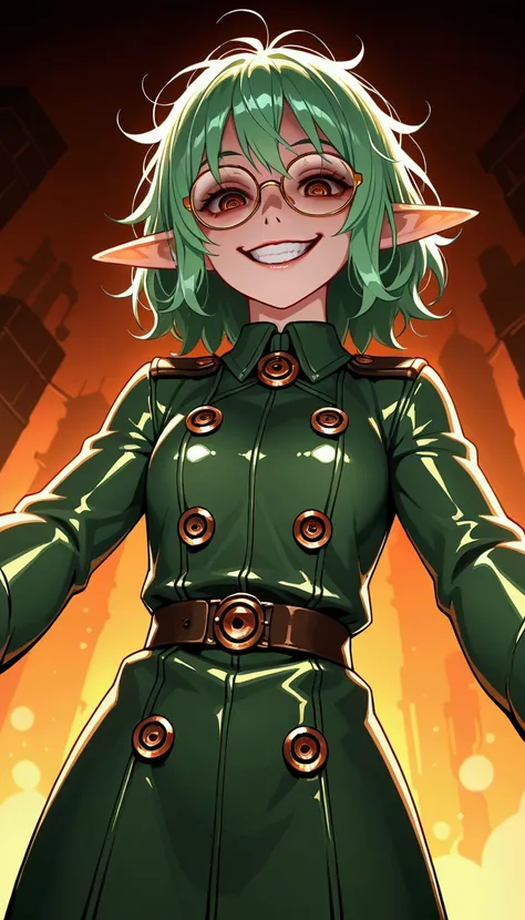 from below, intelligent cool elf, looking down on, glasses, yandere, crazy smile, scary smile, evil smile, teasing smile, grin, lewd smile, malicious smile, creepy smile, big droopy eyes, huge mouth, make-up, messy hair, wearing (shiny copper plated) smoot...