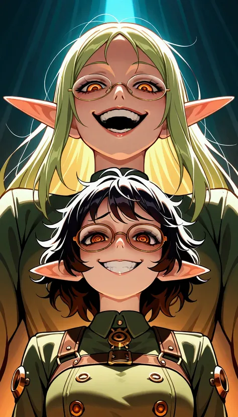 from below, intelligent cool elf, looking down on, glasses, yandere, crazy smile, scary smile, evil smile, teasing smile, grin, lewd smile, malicious smile, creepy smile, big droopy eyes, huge mouth, make-up, messy hair, wearing (shiny copper plated) smoot...