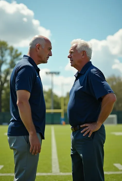 two men 50 year old football coach like standing back like theyre not getting along 1 head without hair person to 2 white haired atmosphere on a football field sunny weather,