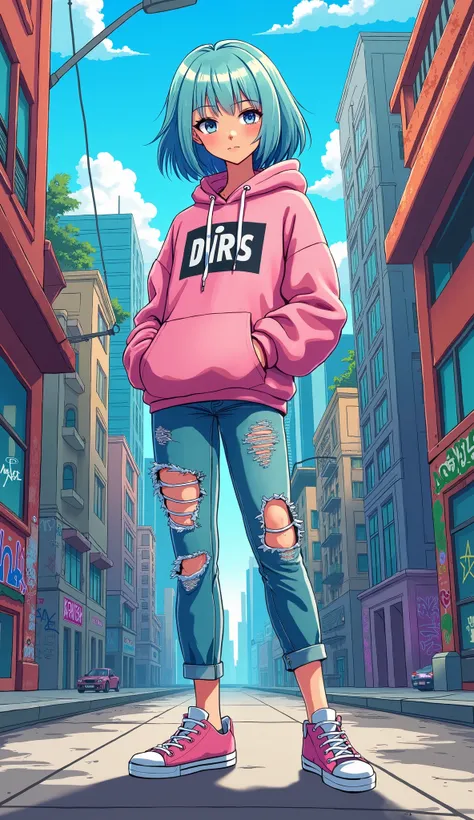 Street Fashion Chic
"An anime-style young woman with shoulder-length pastel blue hair and trendy streetwear, including an oversized hoodie, ripped jeans, and sneakers. She is posing confidently in an urban environment with graffiti-covered walls and a vibr...