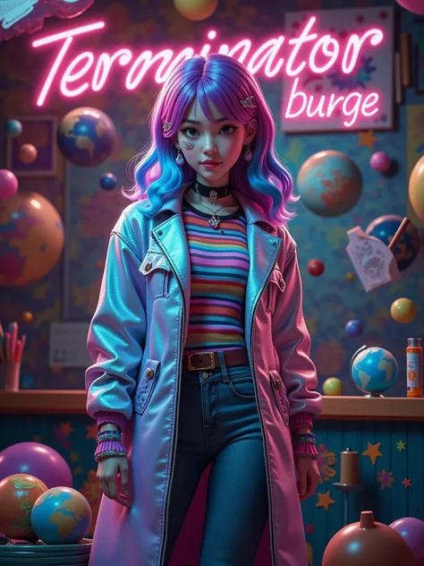  Art Photography ，1girl, A Terminator ， wearing a long coat and trench coat， A beautiful human being in ，bar，bar灯光幽暗， has an ambiguous atmosphere ，blacklight，3d, C4D Rendering