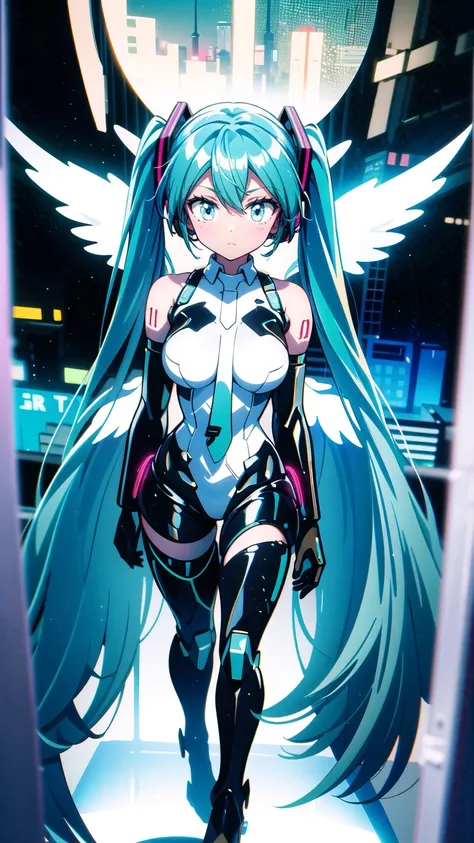   masterpieces during breakfast , Hatsune Miku・VOCALOID, ((Mecha Girl)),   twin tails,   Light Blue Eyes, Light blue hair,   Bodysuit   , ((  Angel Wings  )), (Mecha Girl), ((  cyberpunk  )),   ultimate physical beauty,   high heels、   beautiful eyes , Big...