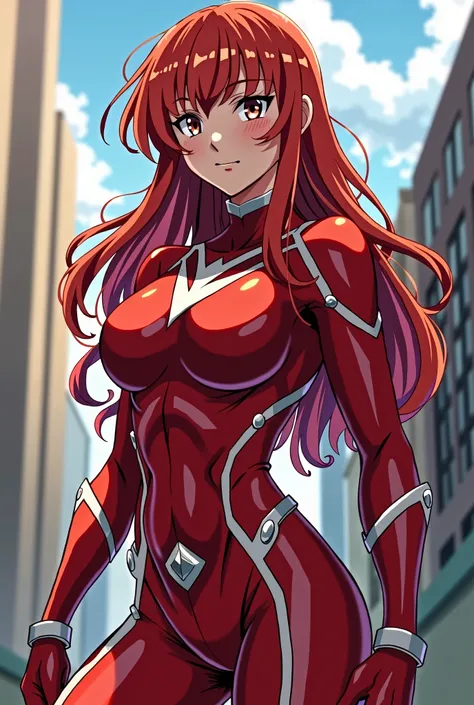    My Hero Academia Style ,     anime girl   , woman, young woman ,    full body shot  ,( Combat Stance :1.3), long hair, Red Hair,    Brown Eyes  ,  hero suit, Full Body Suit,   red suit with white details,   perfect anatomy ,  Reinforced ABS ,  super det...