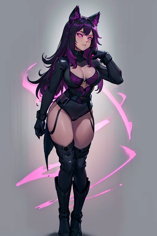 female, black long hair with magenta highlights, silver eyes, black wolf ears, black wolf tail (((1girl))), (((black body suit with magenta trim))), (black belt), (black boots), (black gloves), cute and sexy, full body, big breasts, long legs