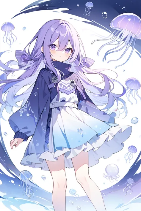  1 girl , watercolor、 multi-colored hair((  long、Purple 、blue))、purple gradient long bangs ((  hair between eyes ))、turtleneck long sleeve shirt、 character design, A jellyfish drifts behind