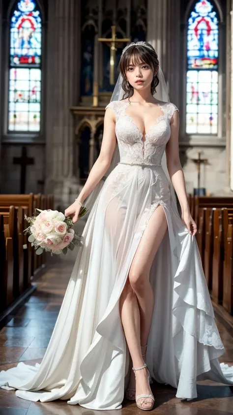 A beautiful young Japanese woman, 26 years old, with healthy thighs, beautiful legs, flawless skin, random hair color and style, large breasts, wearing a (wedding dress:1.3), (she is standing:1.2), full body shot, high heels, holding a bouquet in her hands...