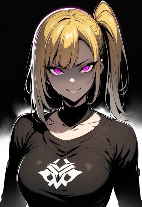 masterpiece, best quality, monochrome, greyscale, ebiblue, gesugao, 1 woman, glowing violet eyes, yellow hair, side ponytail , kawakami mai, (glowing eyes:0.5), smile, cocky look, upper body, looking at viewer, (black background, simple background:1.3), wh...