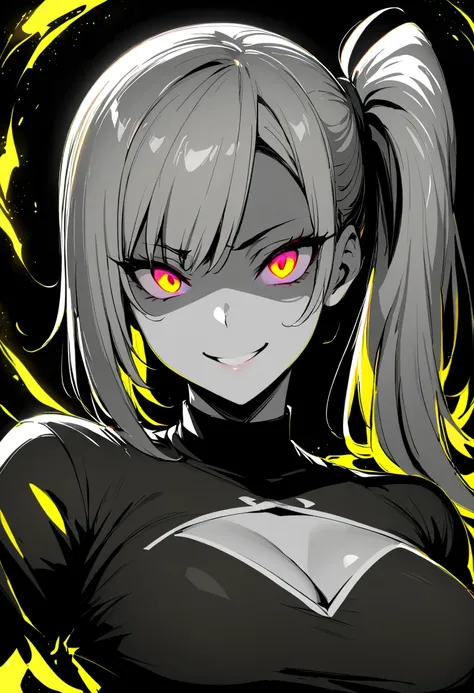 masterpiece, best quality, monochrome, greyscale, ebiblue, gesugao, 1 woman, glowing violet eyes, yellow hair, side ponytail , kawakami mai, (glowing eyes:0.5), smile, cocky look, upper body, looking at viewer, (black background, simple background:1.3), wh...