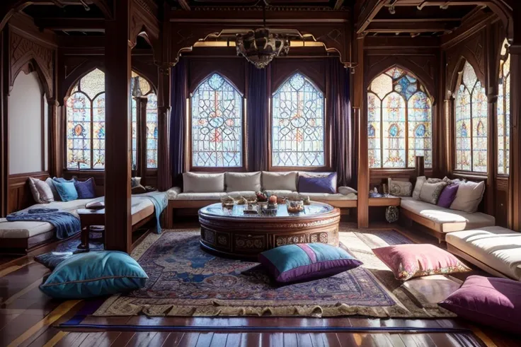 an arabian bedroom with colorful harem pillows scattered across the floor. Cinematic lighting coming in thru a stained glass sunroof. A hooka table and some mist floating about the room. focus on pillows on floor, (floor pillows:1.2), ((Best quality))) (((...