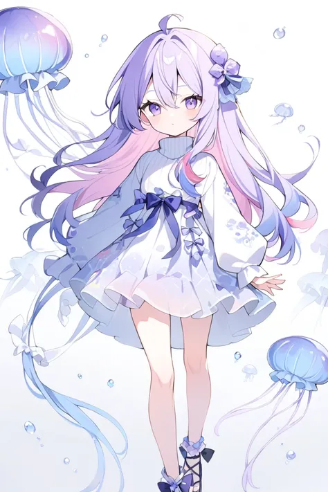  1 girl , watercolor、 multi-colored hair((  long、Purple 、blue))、purple gradient long bangs ((  hair between eyes ))、turtleneck long sleeve shirt、 character design, A jellyfish drifts behind