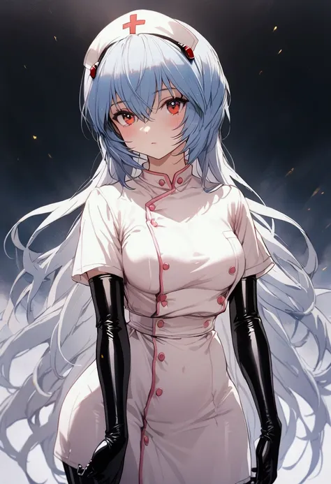 1 girl, ayanami rei, (( very long latex gloves)), (nurse coverall),  looking at viewer, standing, one, medical mask, medical apron