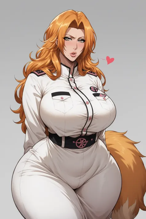 rating_explicit heat body, tall, milf, rangiku matsumoto, long hair, grey eyes, orange hair, mole, mole under mouth, parted bangs,, white monk uniform, long sleeves, detailed eyes, heart shaped lips, fox tail. senos enormes, bottomheavy, gigantic ass, mass...