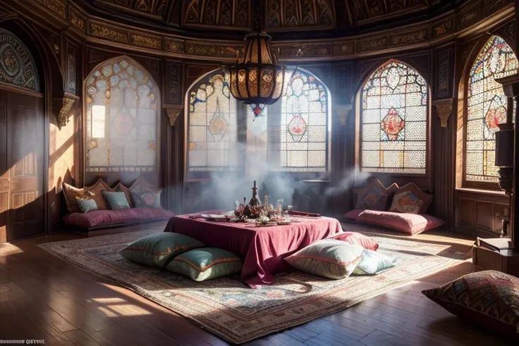 an arabian bedroom with colorful harem pillows scattered across the floor. Cinematic lighting coming in thru a stained glass sunroof. A hooka table and some mist floating about the room. focus on pillows on floor, (floor pillows:1.2), ((Best quality))) (((...