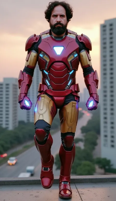  character :  Iron Man 
Physical characteristics :  Man of athletic build ,  of medium-tall height ,  design with a defined face and short, dark hair visible only if the mask is lifted .  Iron Mans suit is stylized ,  with advanced technological details an...