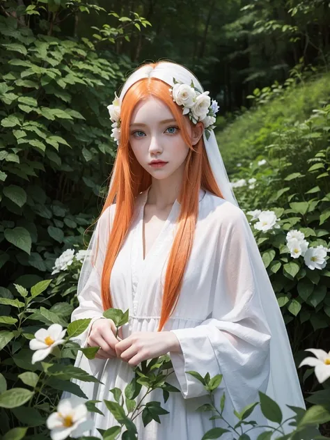 Long white orange hair, blue eyes, serious features, white skin,  in a garden, with flowers , in the forest 