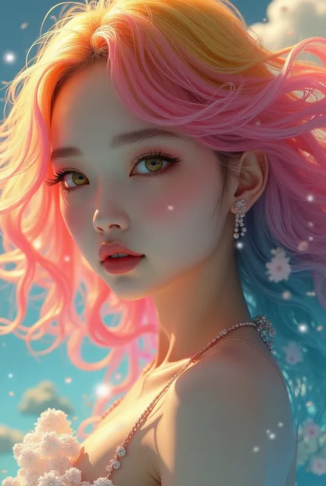 (Japanese girl:1.3), beautiful detailed eyes, beautiful detailed lips, extremely detailed eyes and face, long eyelashes, upper body, from side, looking at viewer, (fractal art:1.3), (rainbow color hair, colorful hair, half pink and half gold hair:1.2), wat...