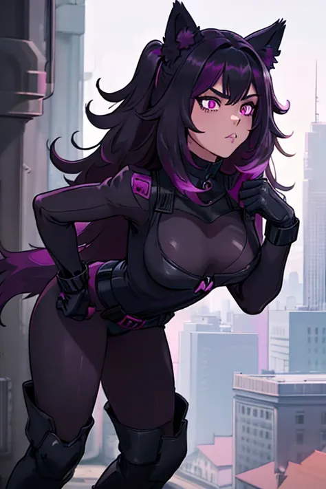 female, black long hair with magenta highlights, silver eyes, black wolf ears, black wolf tail (((1girl))), (((black body suit with magenta trim))), (black belt), (black boots), (black gloves), cute and sexy, full body, big breasts, long legs