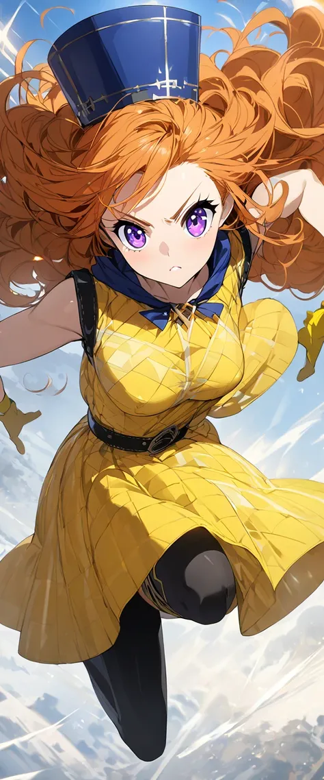  1 girl, Alone, DQ4-Arena、 long hair、Purple eyes、 orange hair、 sleeveless、 black pantyhose、yellow dress、 yellow skirt 、belt、Cape、 curly hair 、 gloves、 dynamic pose 、 action pose 、Mid-chest、 blue headwear 、 boots、(Sparkling、Sparkling dress:1.1)jumping,V-sha...