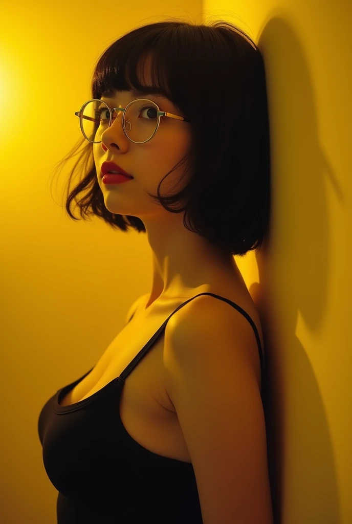  22 year old girl hanging on the wall ,   short black hair ,  thick round lenses ,  lips in red color  , yellow background , gon yellow light  ,  giving sepia tones  ,  very large breasts  ,  black tank top with magnificent neckline , Right profile view, i...