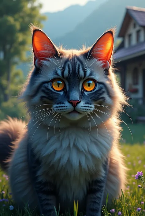 A cat with a dense book of color and a very bright eye like a star at night against the background of a house in the countryside is sitting 